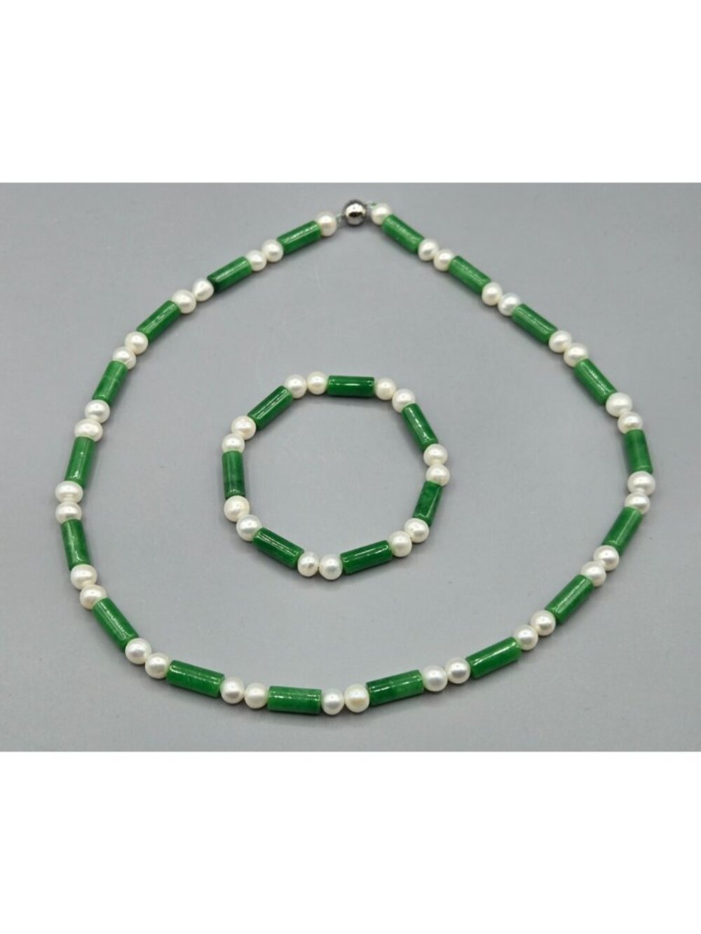 Natural White Freshwater Pearl 7-8mm, 15 x 6mm Green Jade Necklace Bracelet Set - Picture 3 of 7